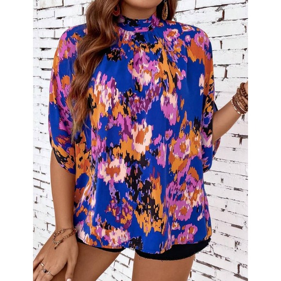 SHEIN VCAY Plus Allover Print Mock Neck Blouse floral and royal blue 2X - Picture 2 of 7